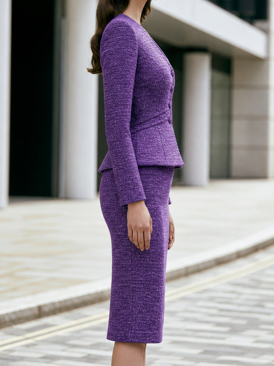 Textured Peplum Jacket And Pencil Skirt Set