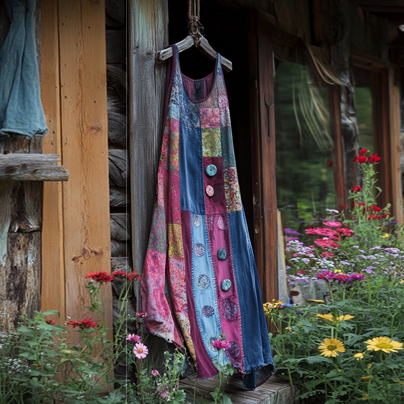 Vintage Bohemian Denim Patch Sleeveless Dress