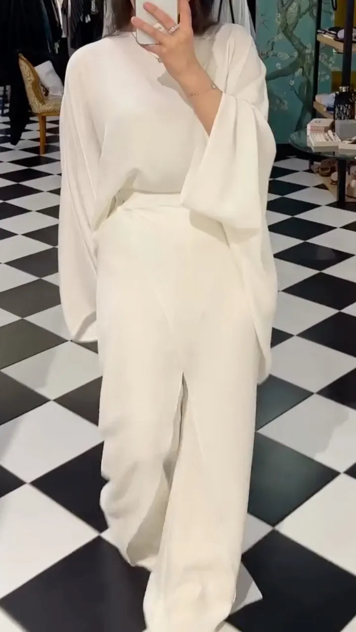 Draped High‑Neck Top & Wrap‑Front Wide Leg Pants Co‑Ord Set