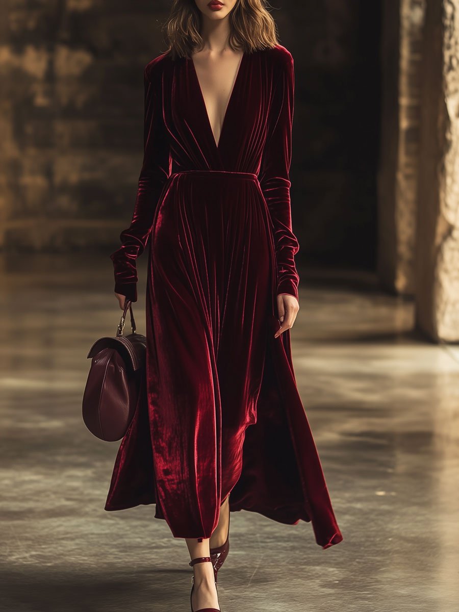 [24-hour shipping out]V-Neck Retro Solid Color Velvet Long-Sleeved Midi Dress