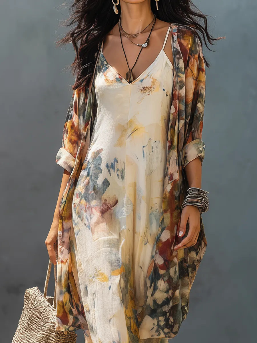 Artistic Floral Print Cami Dress & Longline Kimono Set