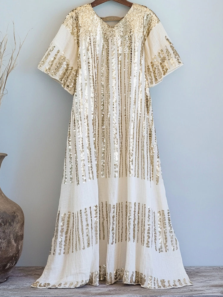 Women's Gold Sequin Striped Casual Linen Dress