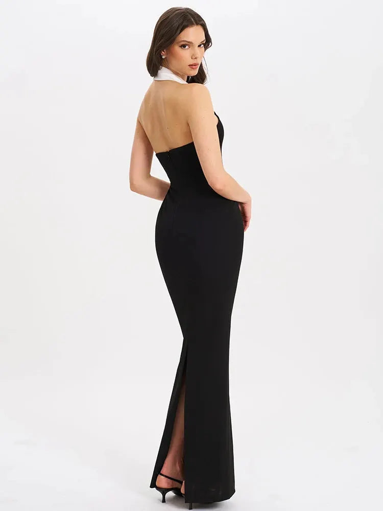 Vionette Halterneck Tuxedo Maxi Dress – Sleek Formal Gown with Tailored Fit and Contrast Collar