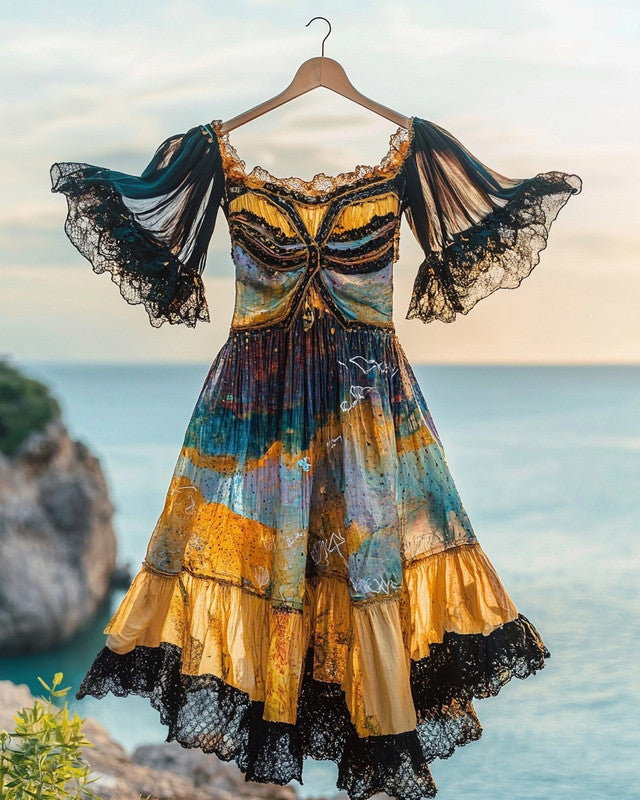 Summer Holiday Ruffle Lace Contrast Dress df62