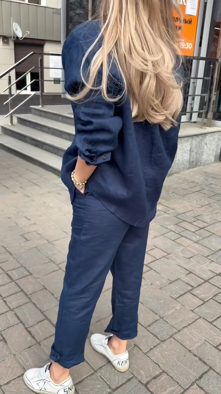 Women's Collared Cotton Linen Casual Suit