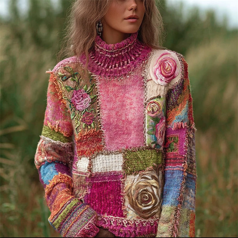 Boho Roses Crochet Floral Colorblock Cozy Knit Turtleneck Sweater