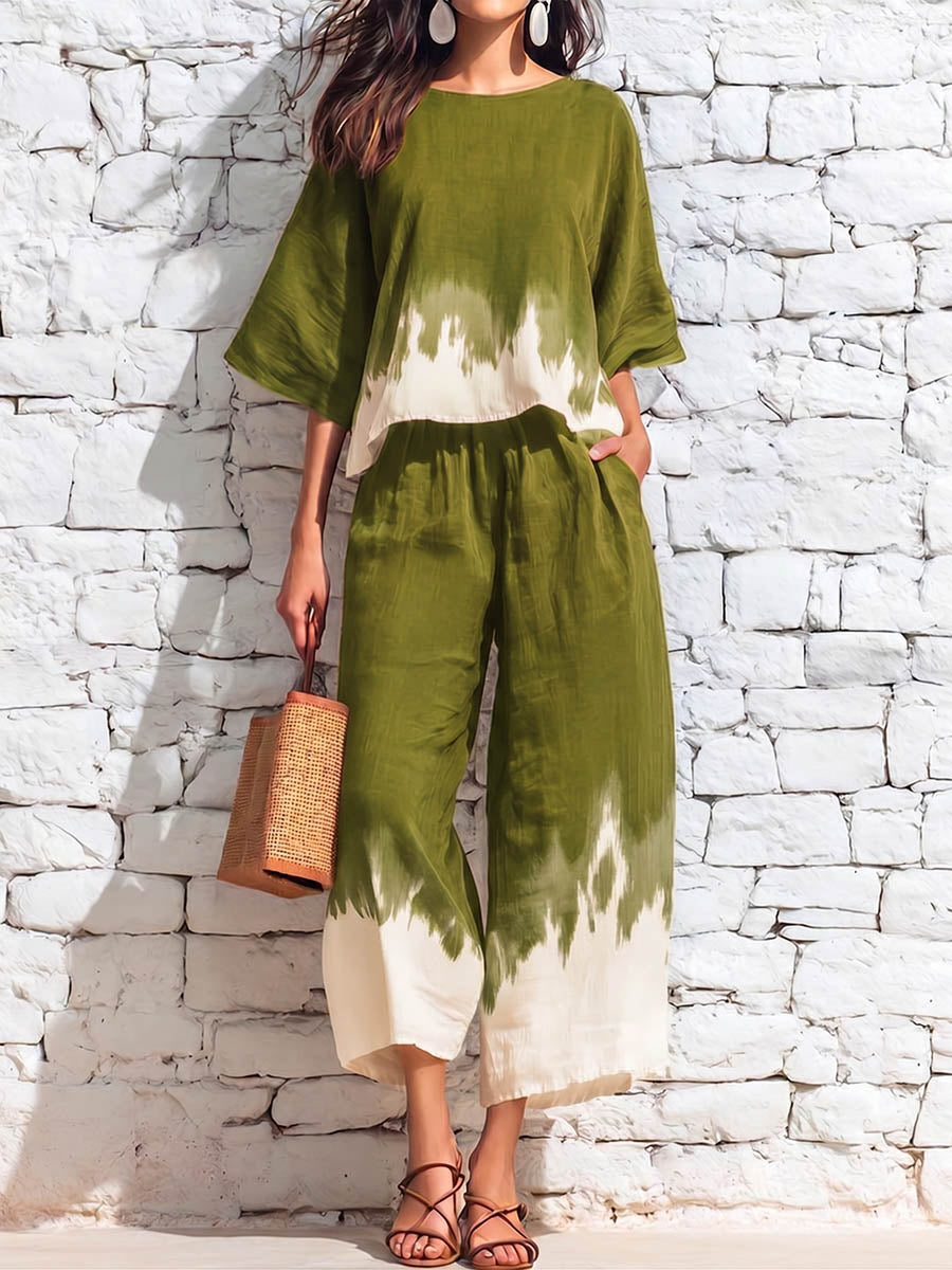 Women's Casual Loose Cotton-linen Outfit: Crew Neck 3/4-sleeve Top With Placement Print & Elastic-waist Wide-leg Pants