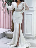 Simple V-Neck See-Through Lace Solid Color Empire Maxi Dress