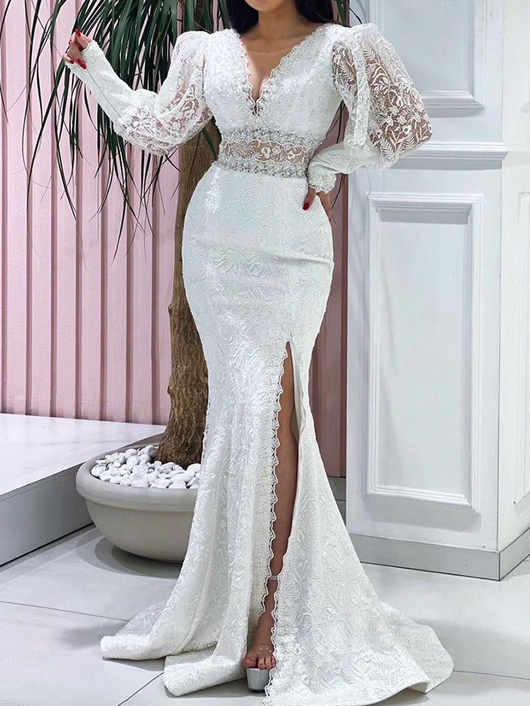 Simple V-Neck See-Through Lace Solid Color Empire Maxi Dress