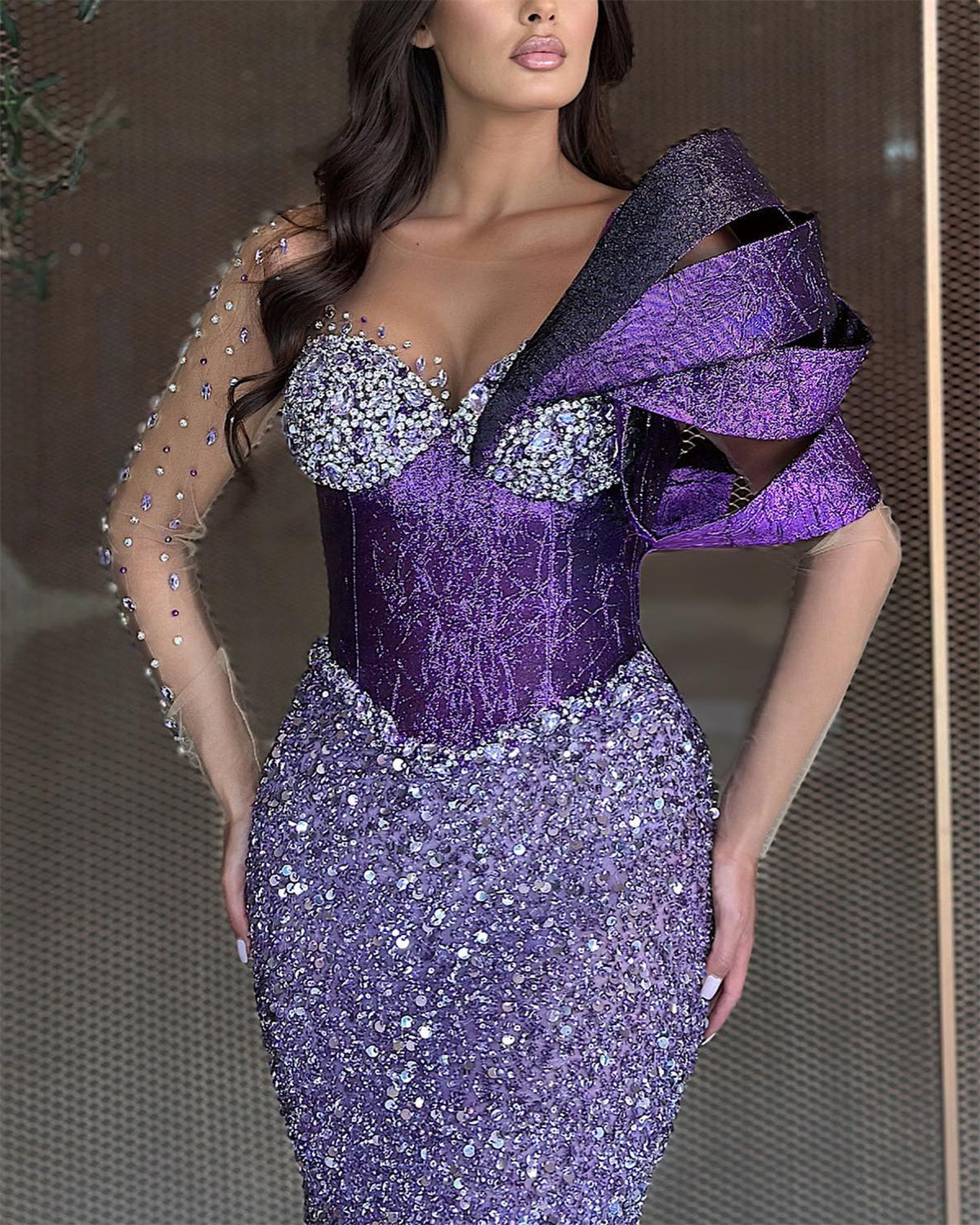 Women's Purple Mesh Sequin Dress
