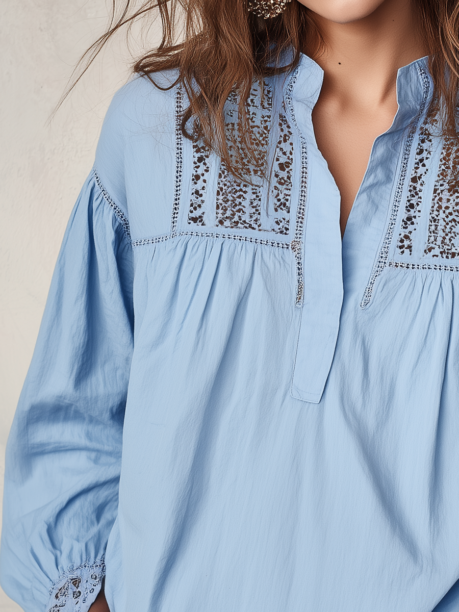 Refined Sky Blue Lace Yoke Blouse