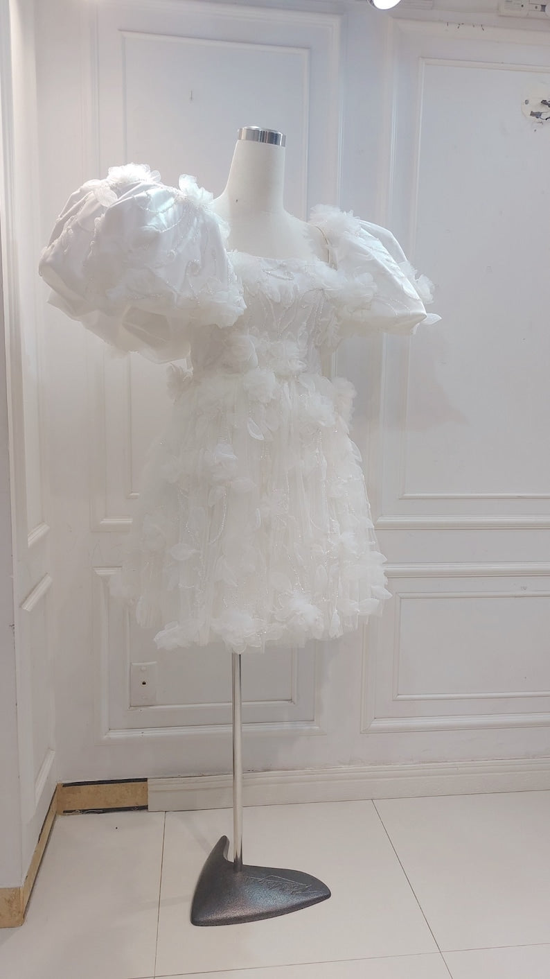 Custom short wedding dress for the bride. Beaded wedding dress with beautiful fabric. Puffy  sleeve short wedding dress.
