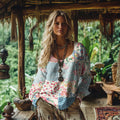 Retro Bohemian Resort Floral Patchwork Art Print Cotton And Linen Blend Loose Blouse