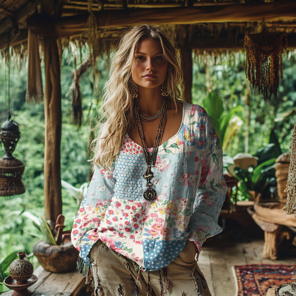 Retro Bohemian Resort Floral Patchwork Art Print Cotton And Linen Blend Loose Blouse