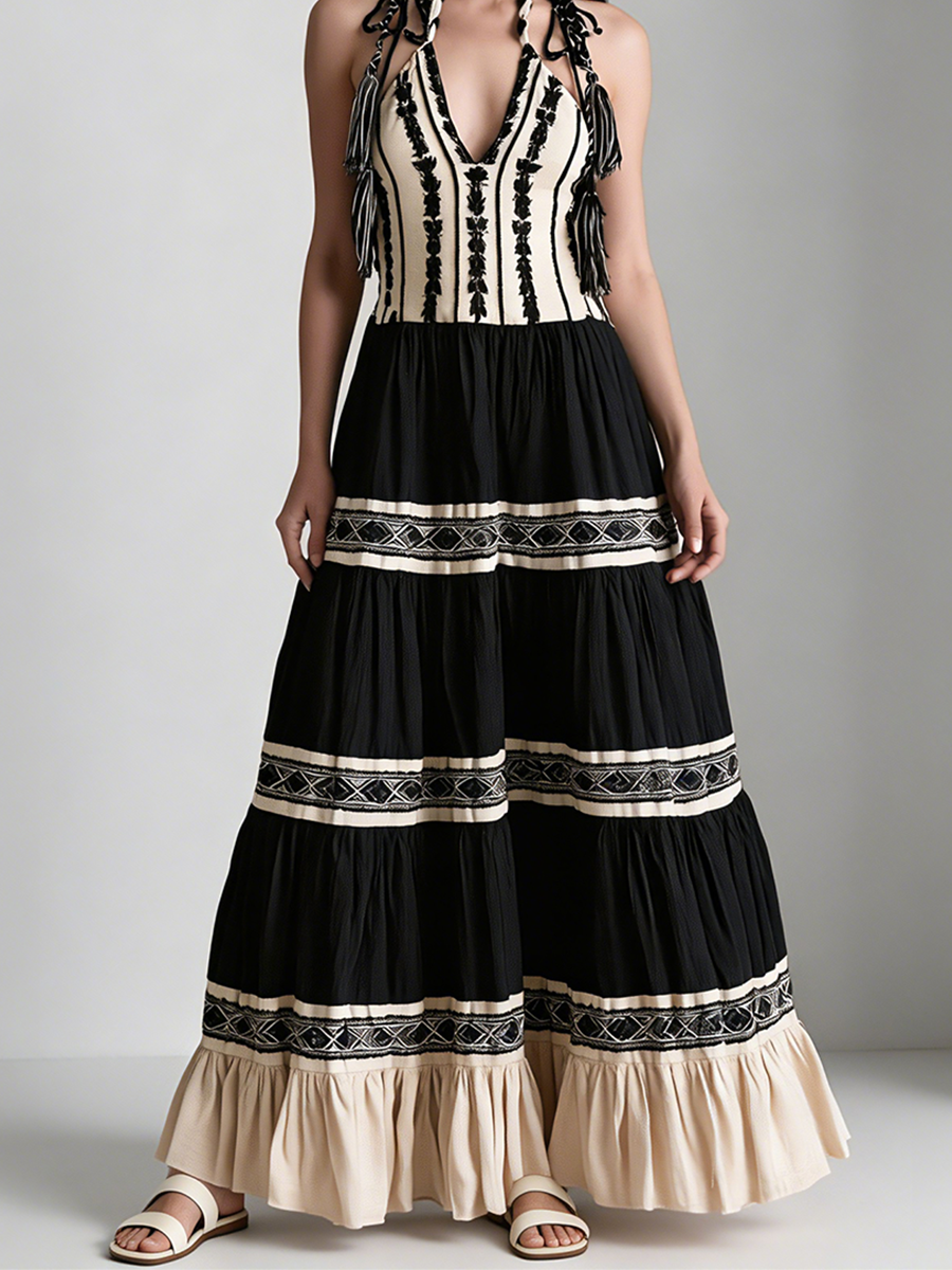 Bohemian-Style Color-Block Embroidered Maxi Dress