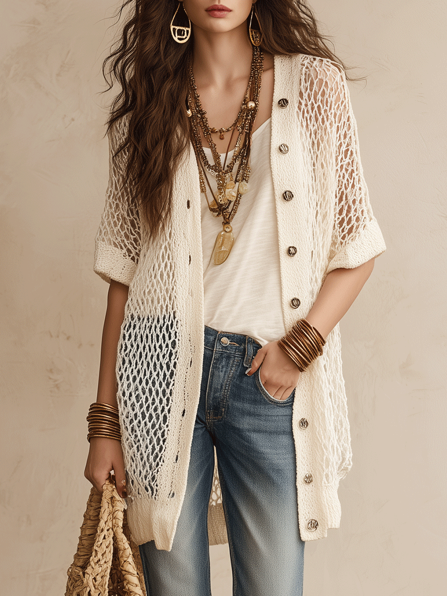 Bohemian Open-Knit Resort Ivory White Cardigan