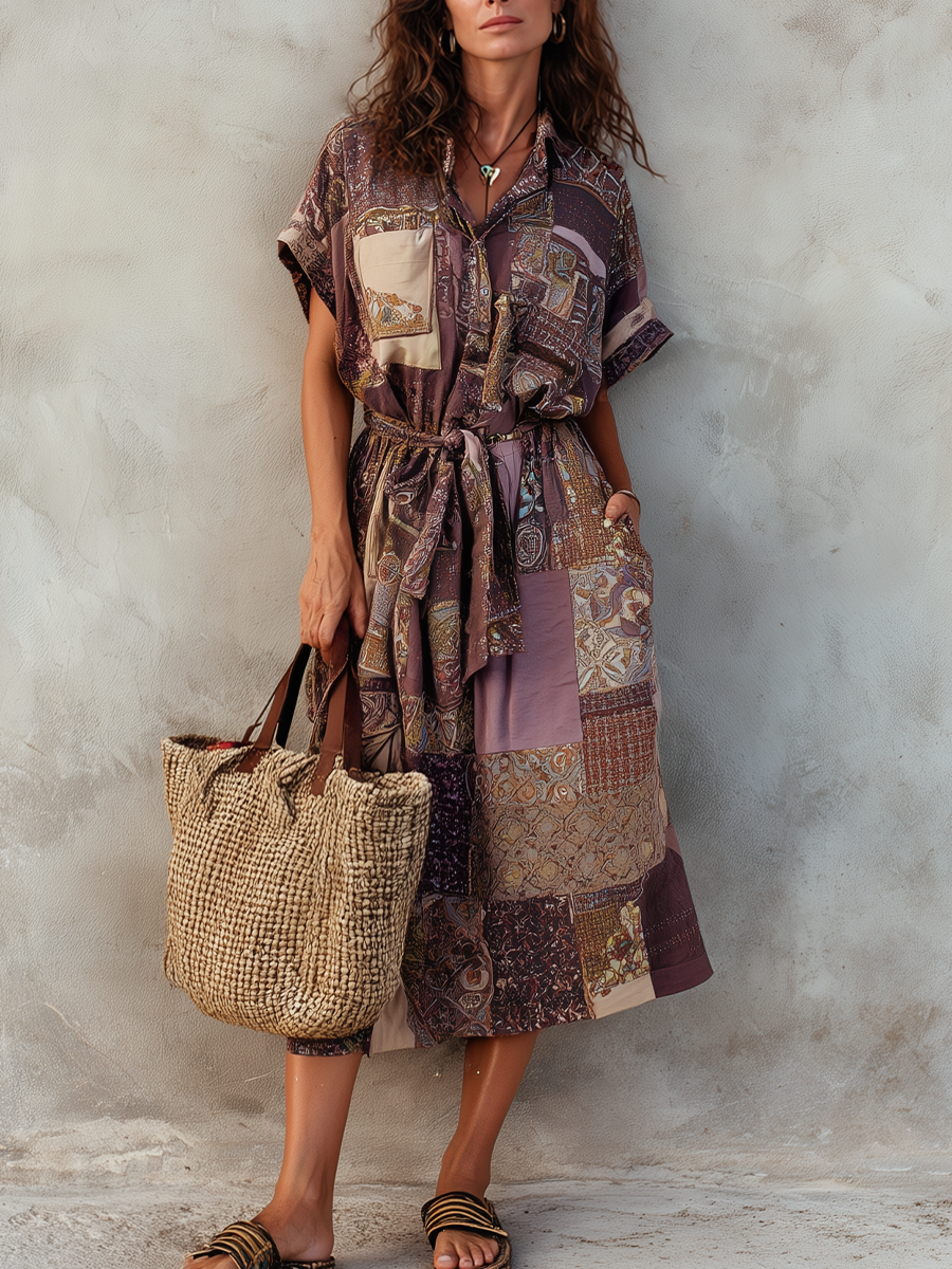 Vintage Patchwork Belted Midi Dress