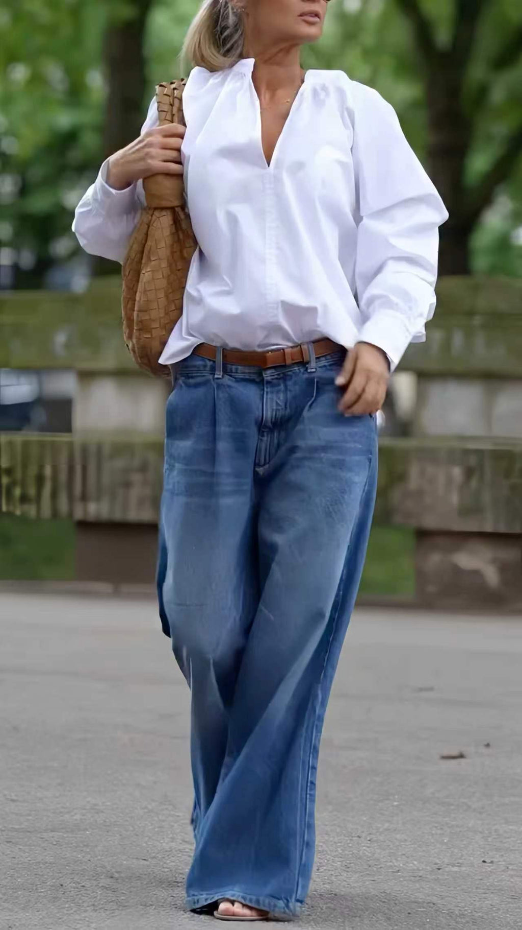 V-Neck Blouse & Dark Blue High-Waisted Wide-Leg Jeans Set