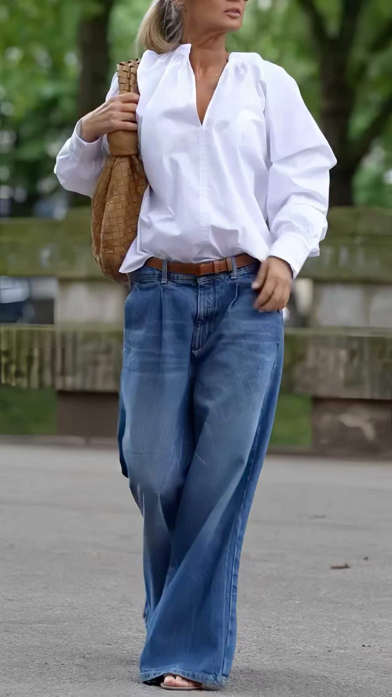 V-Neck Blouse & Dark Blue High-Waisted Wide-Leg Jeans Set