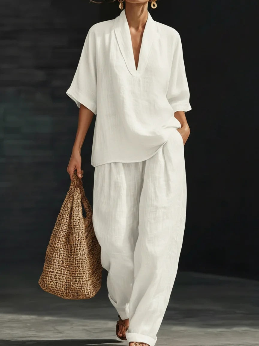 Gurtons Coastal Chic 2-Piece Set - V-Neck Linen-Textured Tunic & Wide-Leg Pants Lounge Set