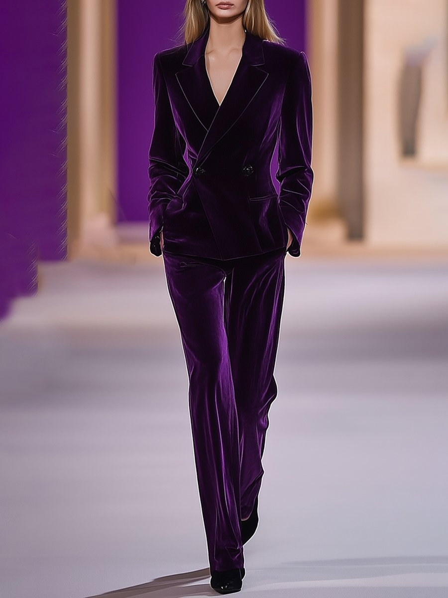 [24-hour shipping out]High-End Temperament Loose Retro Purple Velvet Suit