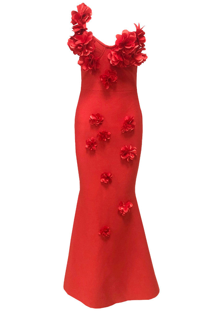 Floral One Shoulder Maxi Dress Red