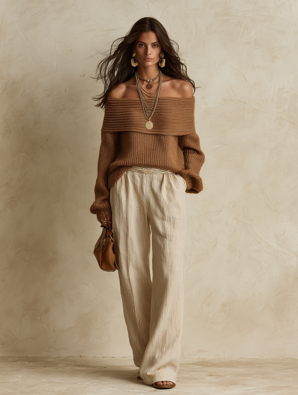 Cozy Autumn Chunky-Knit Drop-Shoulder Slouchy Brown Pullover Sweater