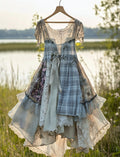 Summer Handmade Lace Plaid Patchwork Dress 5053