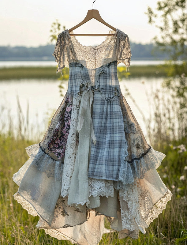 Summer Handmade Lace Plaid Patchwork Dress 5053