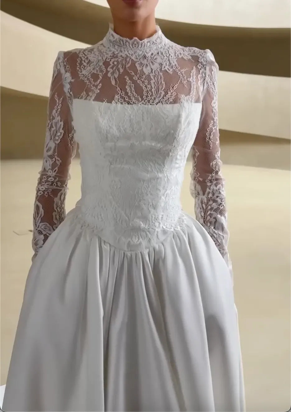 High Neck Long Sleeve Lace Satin A-Line Wedding Dress Modest Bridal Gown With Pockets & Train