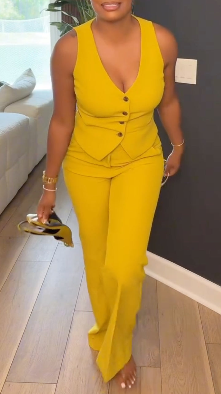 V-Neck Cutout Sleeveless Vest + High-Waisted Flared Trousers Set