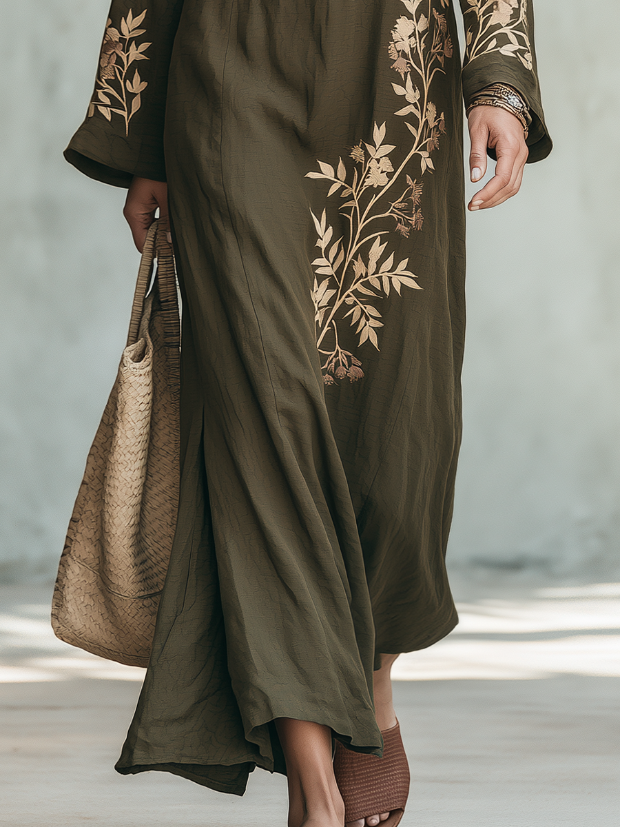 Refined Olive Botanical Print Maxi Dress