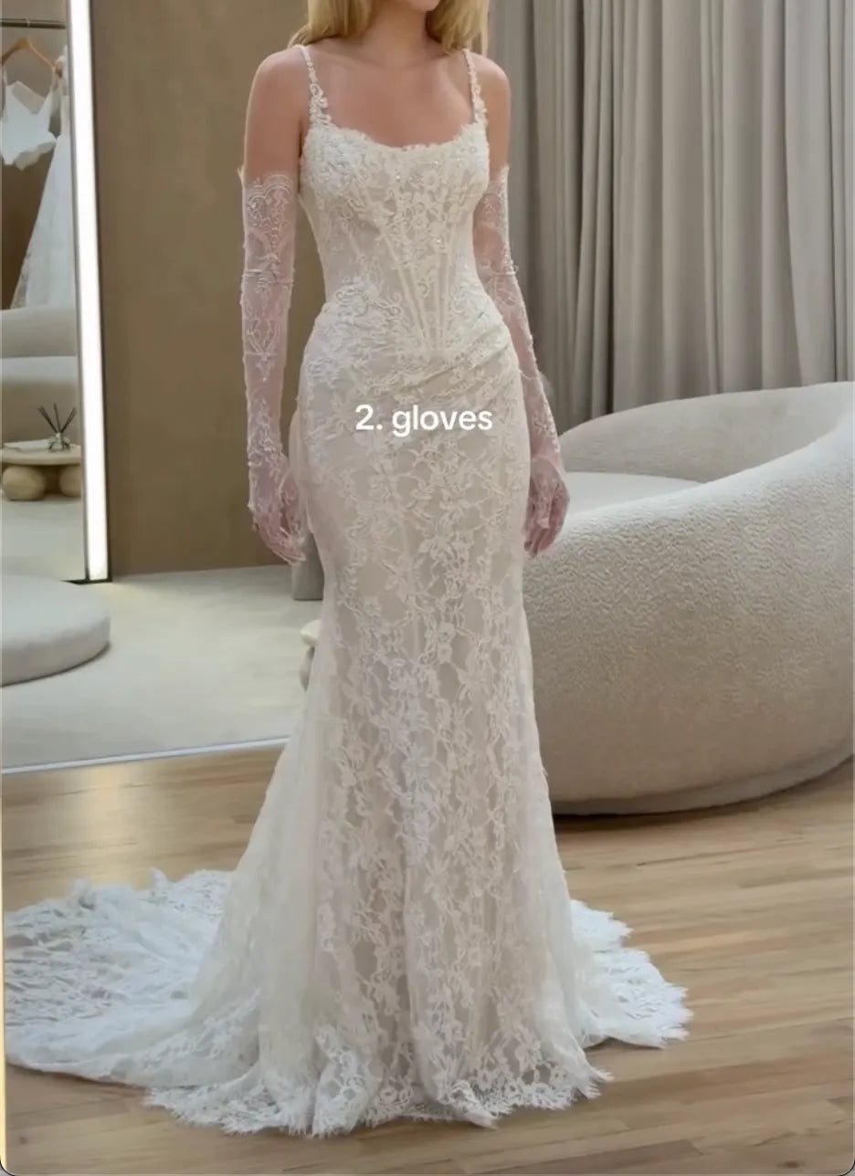 Spaghetti Strap Lace Mermaid Wedding Dress Built-in Corset Bridal Gown With Detachable Lace Gloves For Wedding Elopement Photoshoot