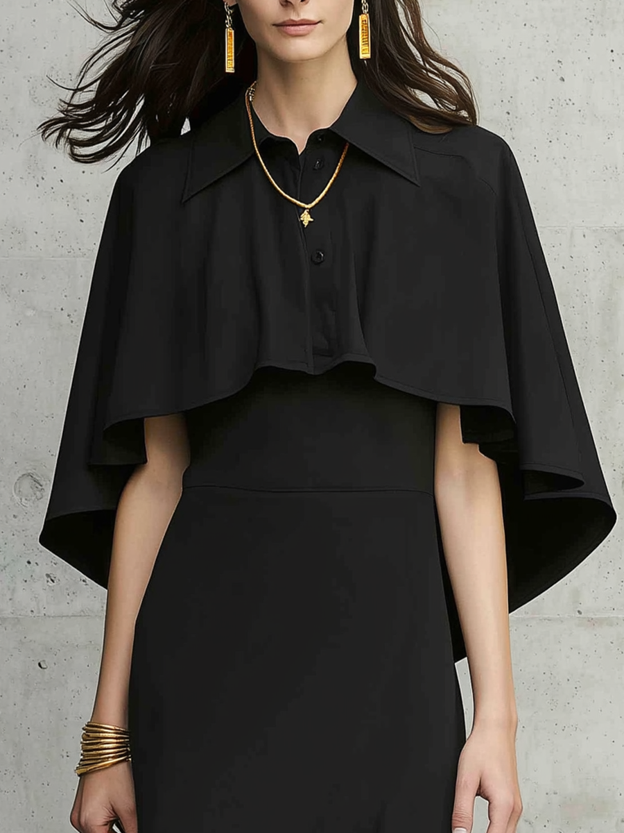 Elegant Black Cape Sleeve Button Front Maxi Dress