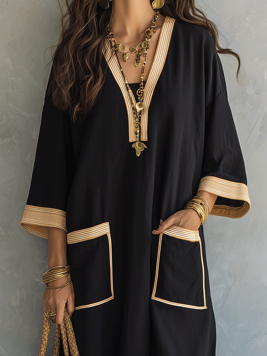 Effortless Coastal Elegance Black Tunic Pocket Detail Kaftan Midi Dress