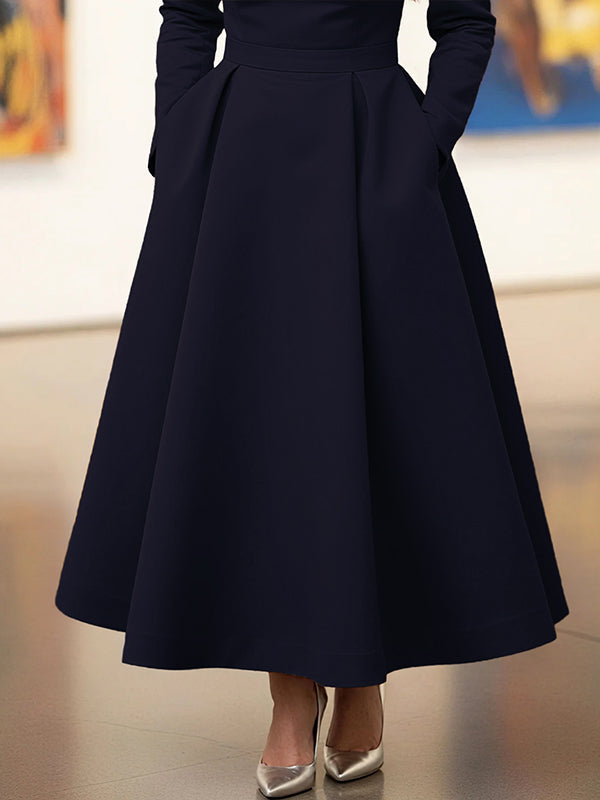 A-Line High Waisted Pleated Pockets Solid Color V-Neck Maxi Dresses