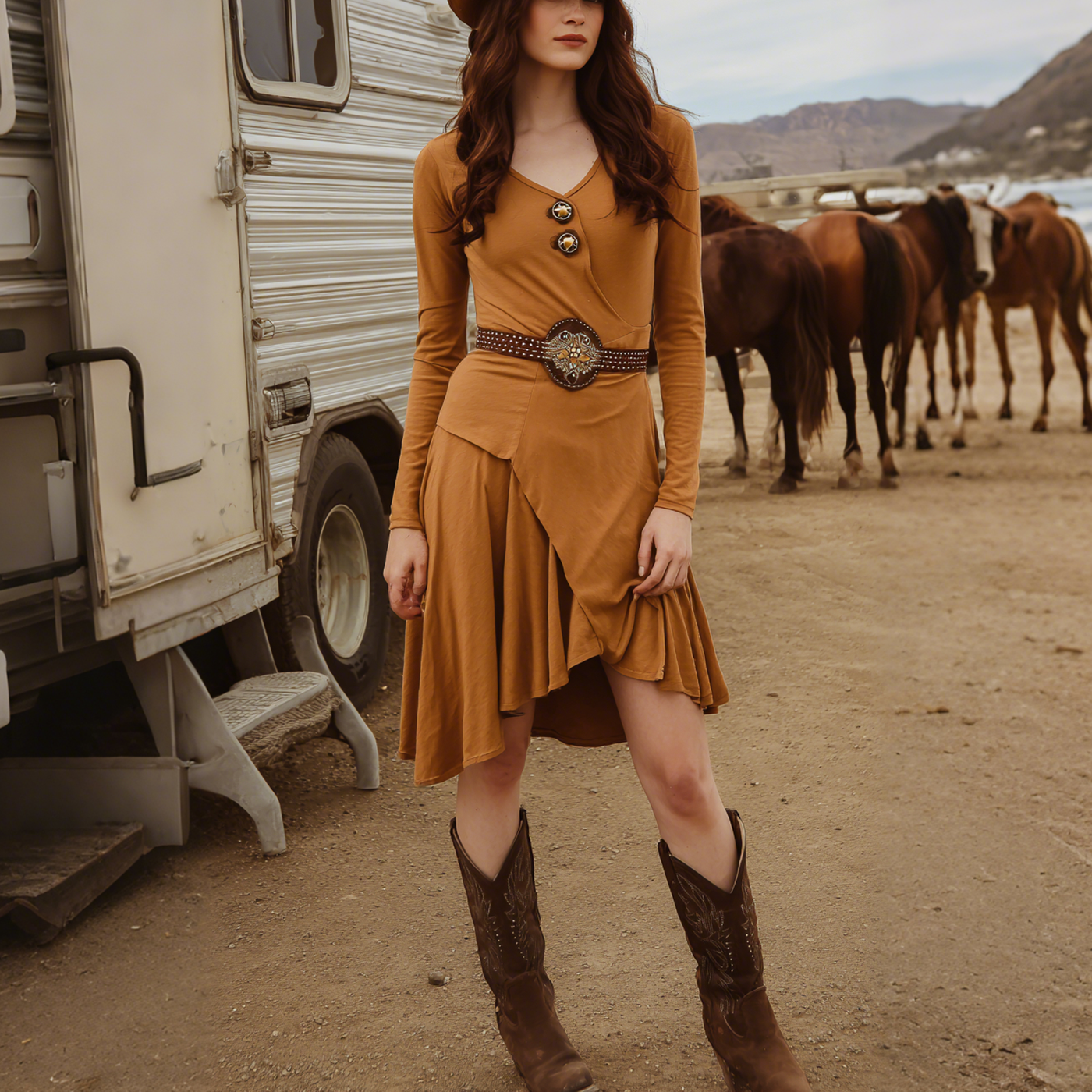 Women's Retro Western Style V-Neck Long Sleeve Dress