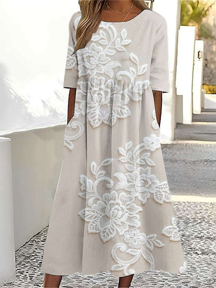 Classy Flowers Embroidered Lace Linen Maxi Dress