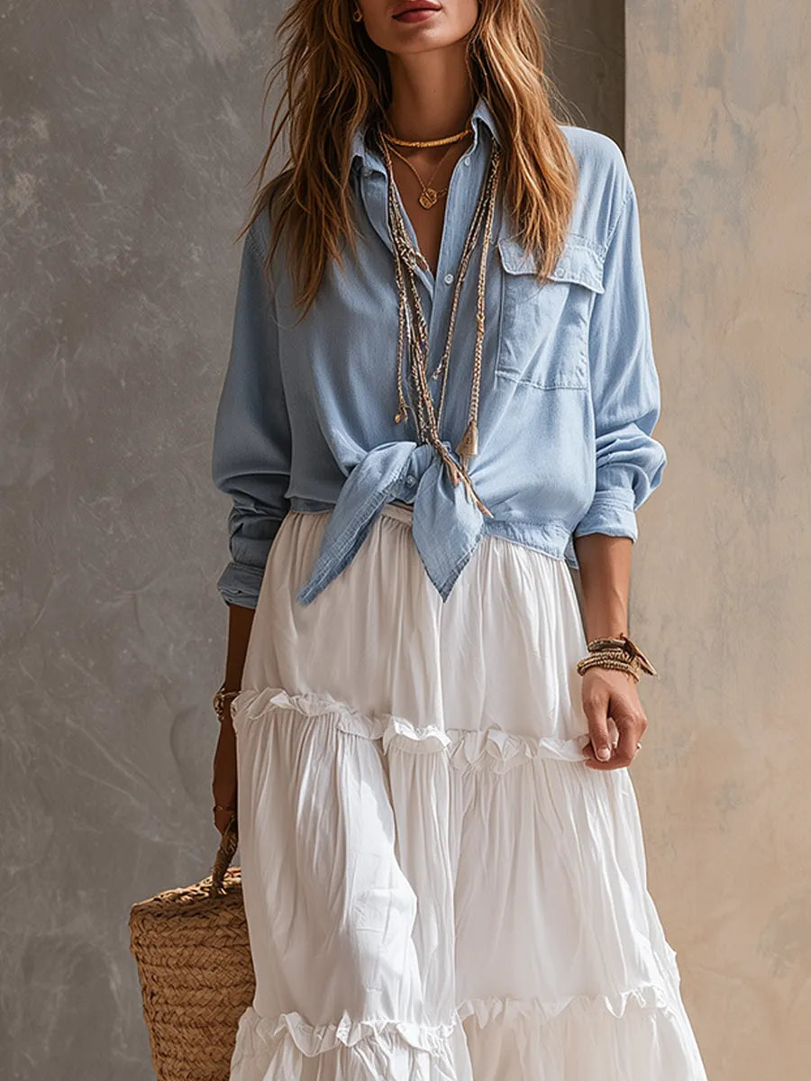 Coastal Style Sky Blue Shirt And White Skirt Suit