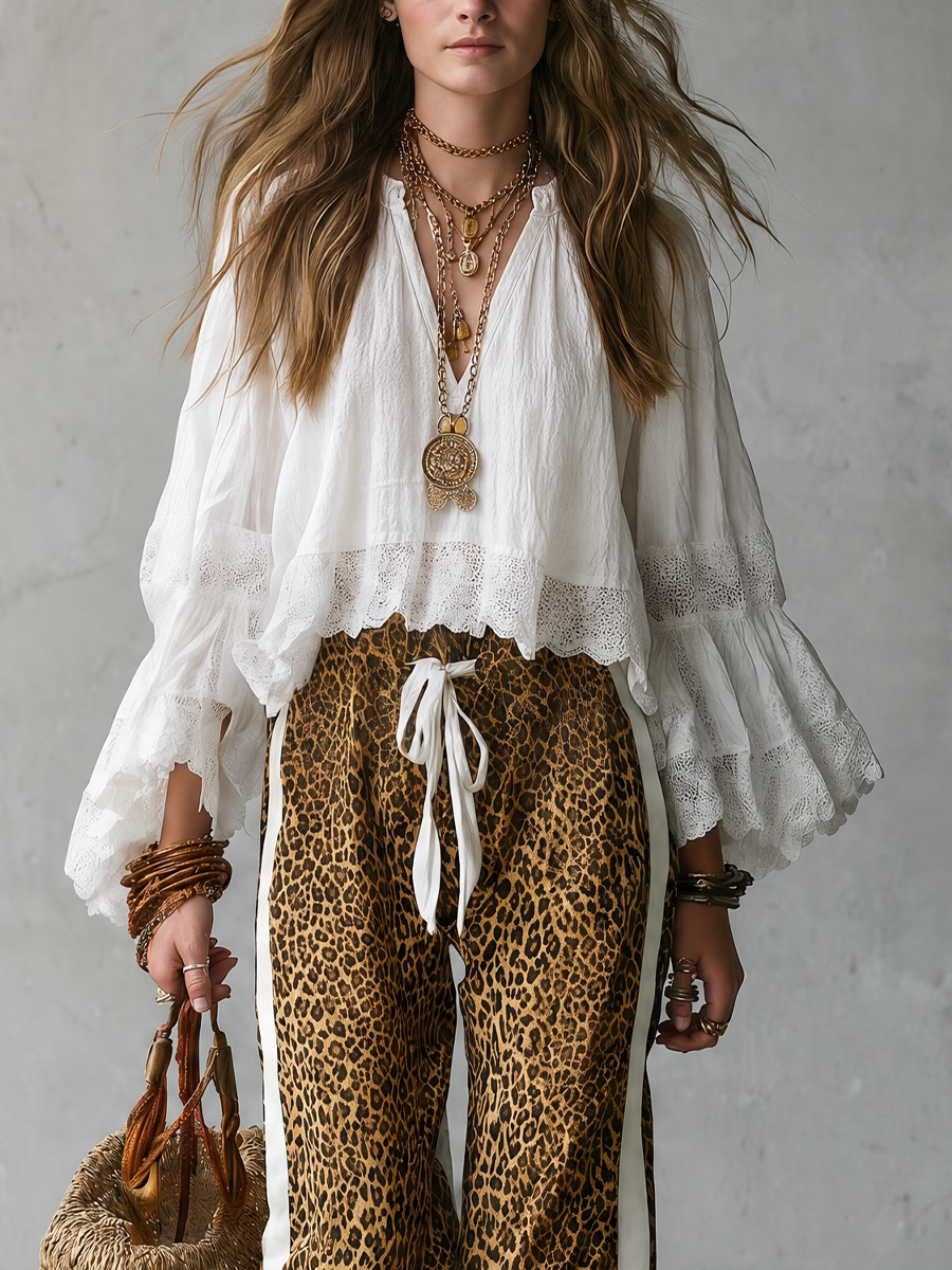 Resort Bohemian Ruffle Top & Animal Print Palazzo Pants Outfit Set