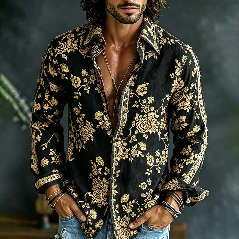 Men's Spring Summer Colorful Floral Embroidered Art Print Flowy Linen Blend Shirt