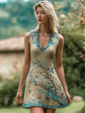 Vintage Elegant Plum Embroidery Women's Linen V Neck Vest Mini Dress