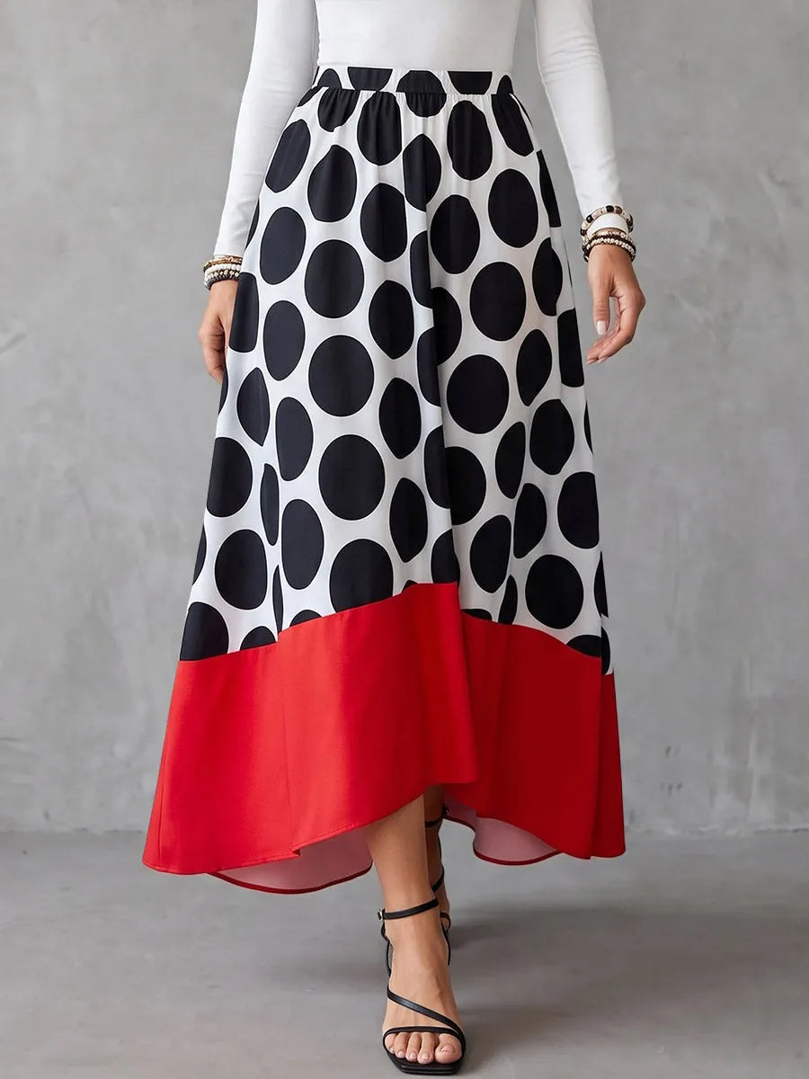 Split-Joint Polka Dot Elasticity Contrast Color High-Low High Waisted Skirts