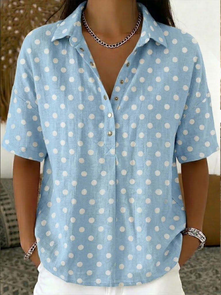 Casual Polka Dots Polo Collar Short-sleeved Linen And Cotton Shirt