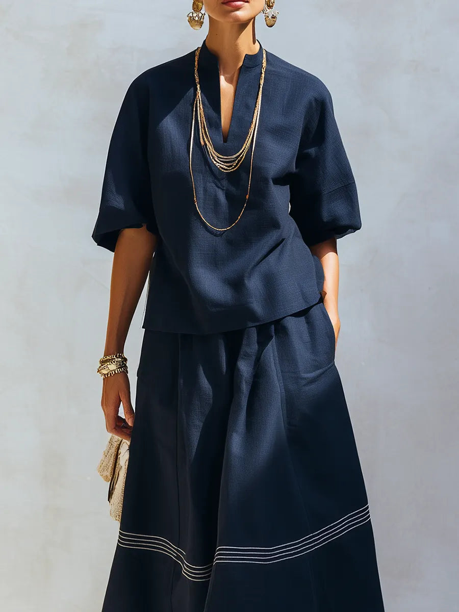 Bohemian Blue Short Sleeve Color Blocked Striped Skirt Set