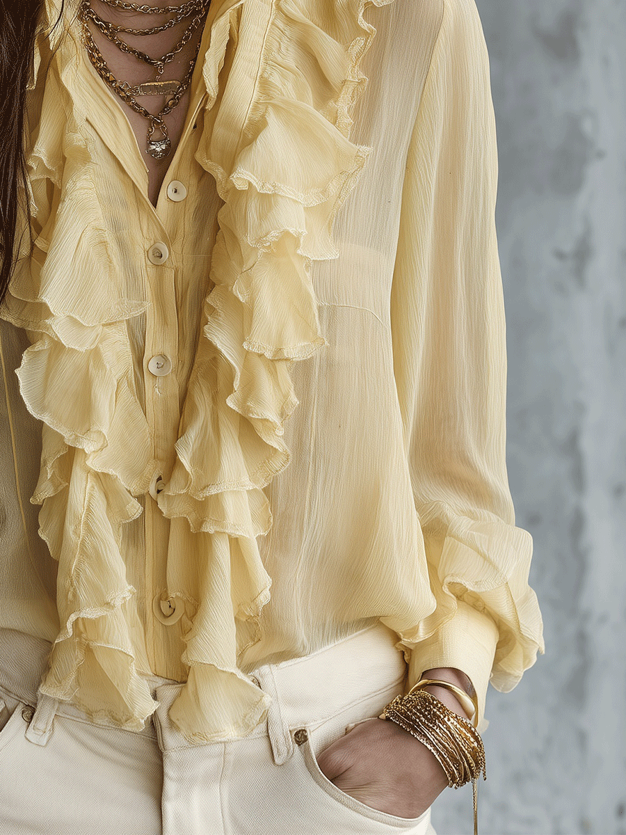 Elegant Coastal Flowy Layered-Ruffle Stand-Collar Lemon Yellow Chiffon Blouse
