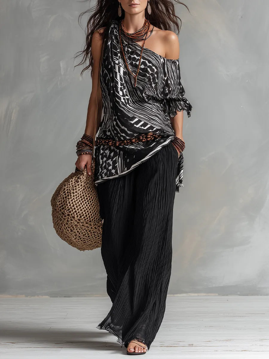 Vacation-to-Dinner Off Shoulder Boho Pants Outfit