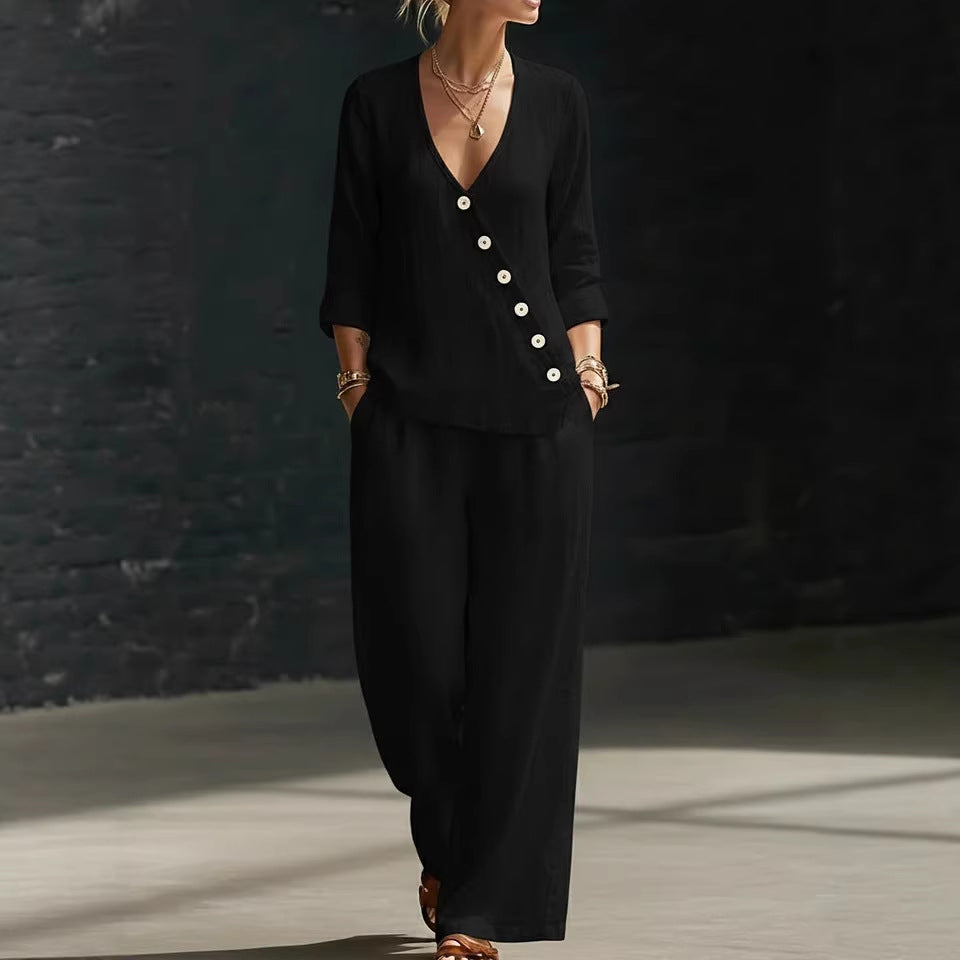 Elegant White Linen Blend Two-Piece Set | Chic V-Neck Button Top & Wide Leg Pants Lounge Set