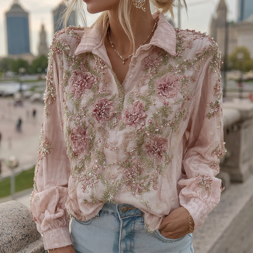 Women's Retro Pink Rose Pattern Casual Lapel Shirt