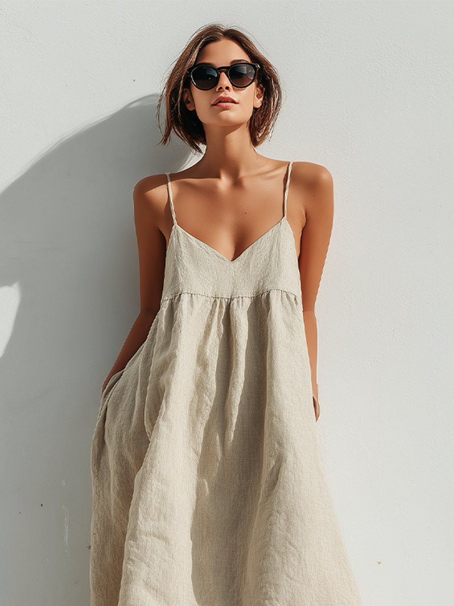 Women's Lightweight Linen Swing Dress With Loose Fit & Asymmetric Hem, Contemporary Effortless-Elegant Style Dress
